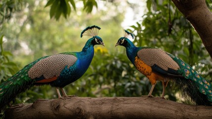 Indian peafowl couple perched on a branch