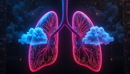 Lung server - Breathing human lungs with visible data clouds exchanging on inhaleexhale
