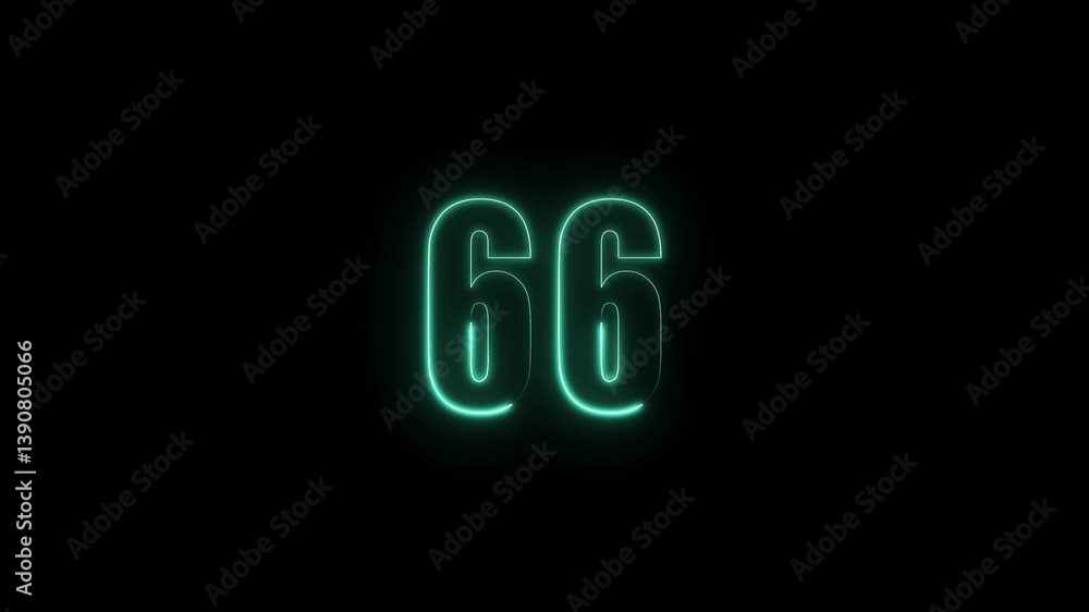 Poster abstract glowing neon text 66 number countdown icon. glowing sign on black background neon number. g