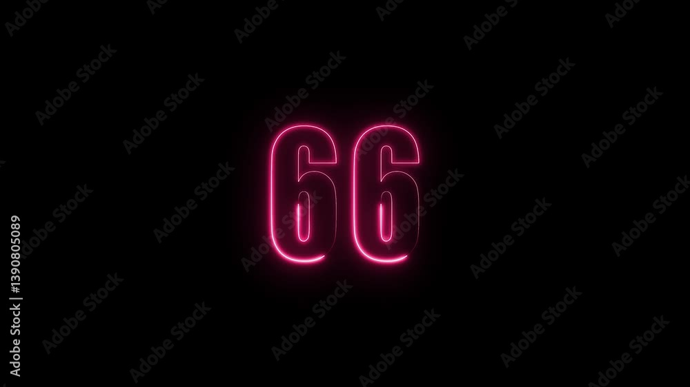 Poster abstract glowing neon text 66 number countdown icon. glowing sign on black background neon number. g