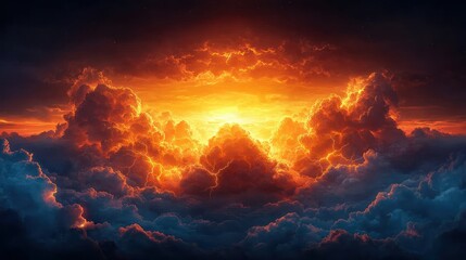 Fiery, celestial clouds fill the sky.  A breathtaking, dramatic, fiery sunset