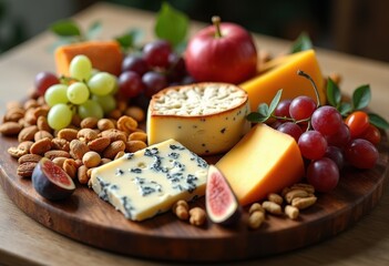 artfully arranged gourmet cheese platter various accompaniments elegant presentation, nuts, fruits, arrangement, texture, variety, food, decorative