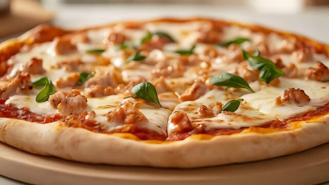 Sausage pizza with basil on a wooden board showcasing Italian-American culinary tradition