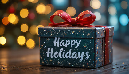 Happy Holidays' message on a gift box with a bow, festive and heartwarming, perfect for holiday promotions