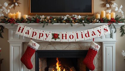 Happy Holidays' banner on a fireplace mantel, stockings and candles, cozy and inviting, perfect for home themes