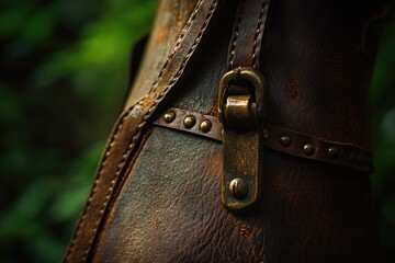 Close-up of rustic brown leather with brass buckle and rivets, showing texture and craftsmanship.