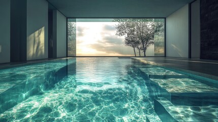 Obraz premium Serene Indoor Pool Scene with Large Windows and Calm Water Reflection at Sunset