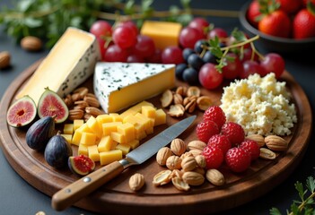artisan cheese assortment gourmet platter fresh fruits crunchy nuts delightful presentation board, delicacies, bites, arrangement, variety, texture, flavors