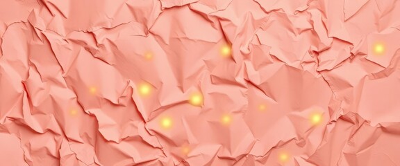 Fototapeta premium Crumpled paper background, glowing bokeh lights beneath, festive feel, gold, light leak