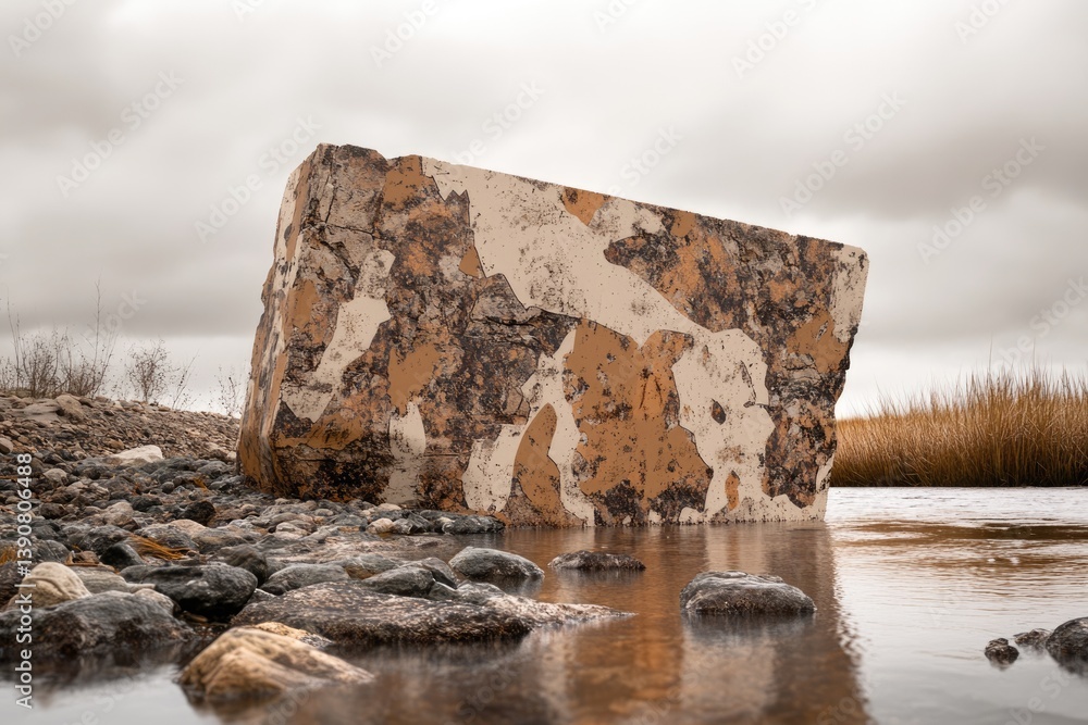 Poster a large, weathered concrete block, painted in camouflage pattern, sits partially submerged in a shal