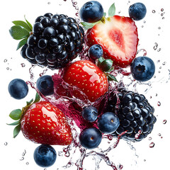A Burst of Fresh Berries Blackberries Blueberries Falling Into Water Splash Isolated on Transparent Background