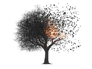 Fototapeta premium An artistic representation of a tree transitioning from full foliage to a fiery explosion, symbolizing change and transformation.