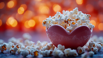 Freshly popped popcorn in a heart-shaped bowl, symbolizing love, joy, and comfort, offering a modern twist to a timeless snack for shared moments and special gatherings