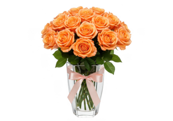 Peach roses in glass vase with ribbon