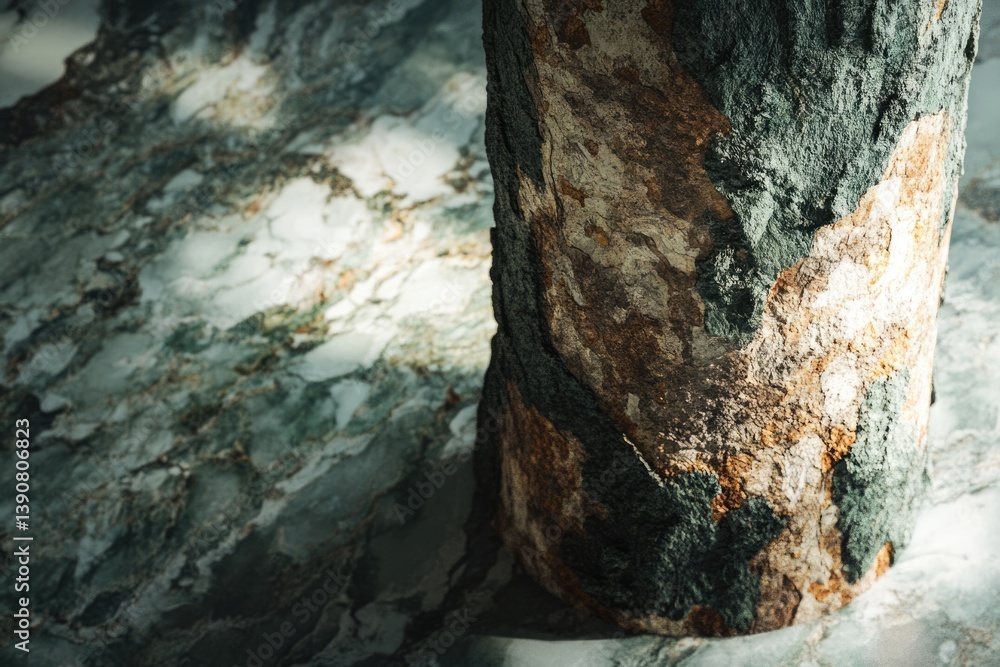 Poster a textured tree trunk rests on a marbled surface, bathed in soft light, showcasing a contrast of nat