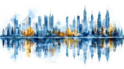 Watercolor cityscape reflected in water