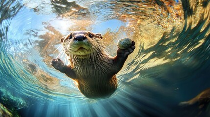 Fototapeta premium Underwater otter playful stone river sun nature wildlife