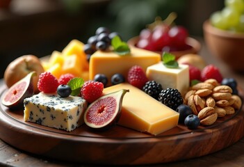 artisan cheese platter featuring assorted cheeses fresh fruits nuts rustic presentation gourmet delight, charcuterie, cheddar, brie, blue, camembert
