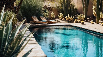 Tranquil desert oasis with a serene swimming pool surrounded by cactus and tropical vegetation for relaxation and leisure