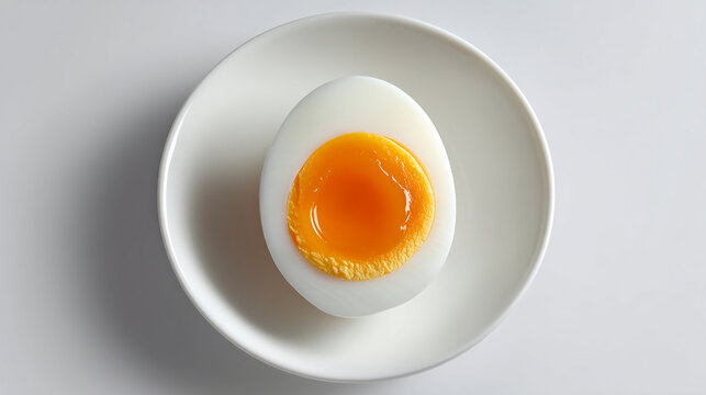 Cross-section of a boiled egg on a white plate, centered