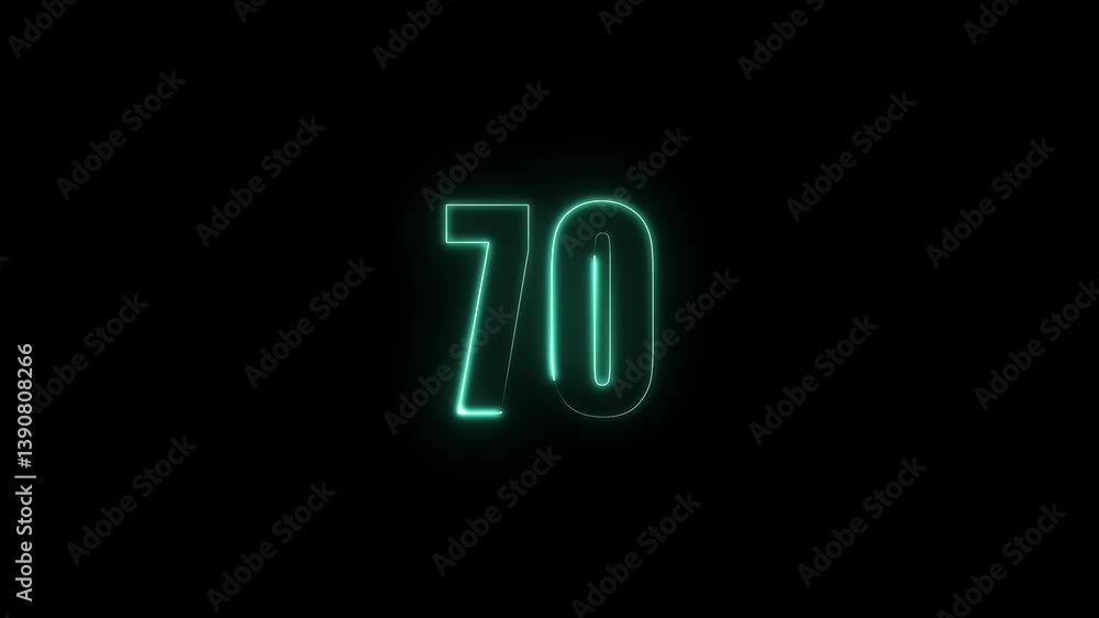 Poster abstract glowing neon text 70 number countdown icon. glowing sign on black background neon number. g