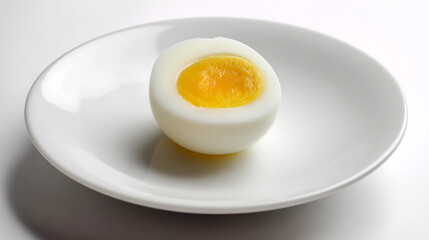 Cross-section of a boiled egg on a white plate, centered