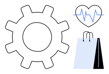 Large gear symbol beside a heartbeat line within a heart shape and a minimalist shopping bag. Ideal for productivity, health, lifestyle, commerce, teamwork, balance, automation. Flat simple metaphor