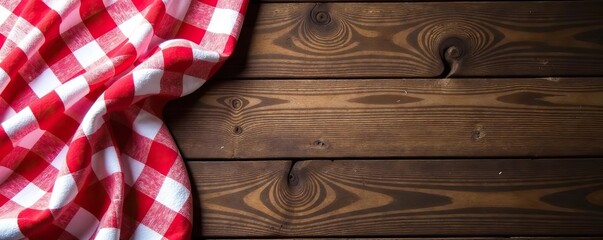 Traditional red and white checkered tablecloth on rustic wooden background, picnic,  summer