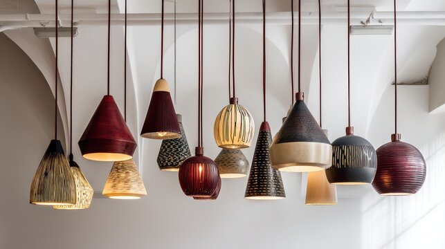 A contemporary collection of pendant lights in various shapes like cones and spheres, with metal shades featuring patterns such as stripes and dots