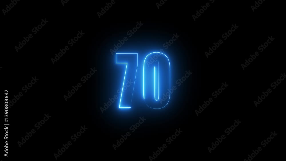 Poster abstract glowing neon text 70 number countdown icon. glowing sign on black background neon number. g
