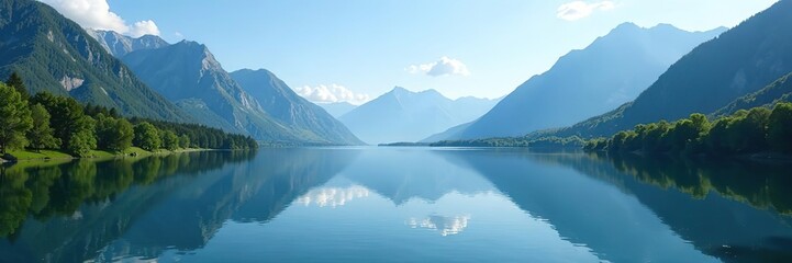 Fototapeta premium Tranquil lake reflecting surrounding mountains and trees under clear blue sky, calm, mountains
