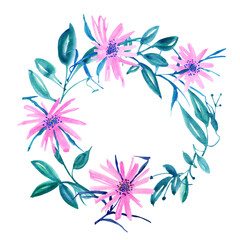 Round frame in the form of a flower wreath. Gouache drawing.  Hand-drawn illustration. 