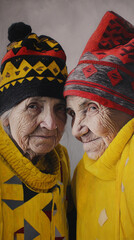 Obraz premium Close-up portrait of two elderly women, wearing patterned hats and yellow sweaters, their faces showing age and wrinkles, showcasing intimacy and companionship