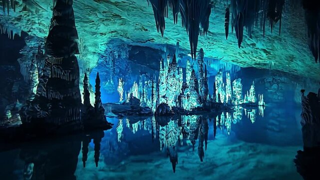 Stalactites glow reflecting water in illuminated cave scenery depths