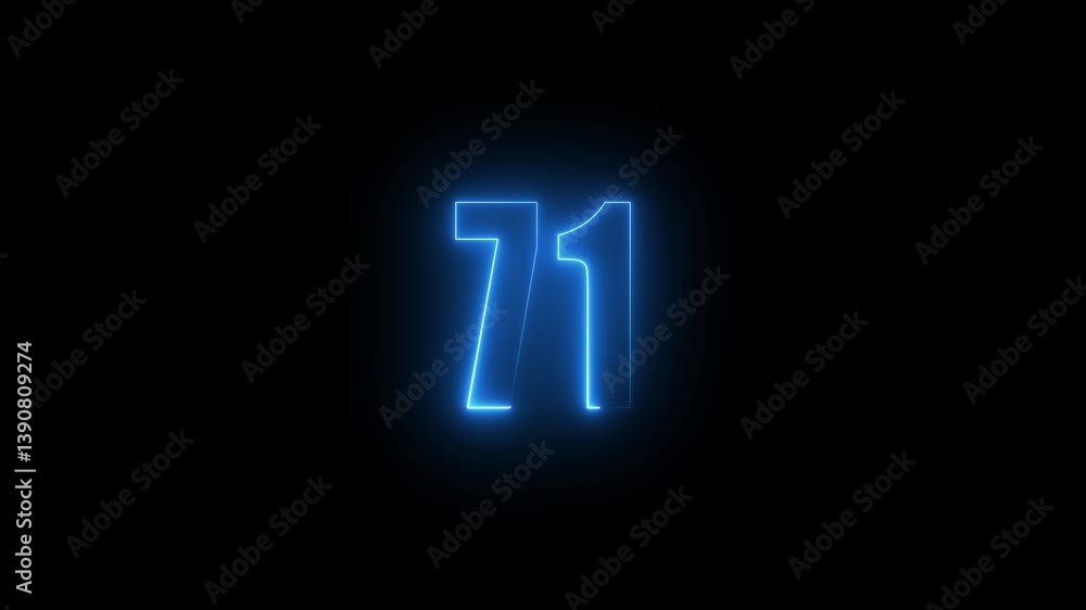 Poster abstract glowing neon text 71 number countdown icon. glowing sign on black background neon number. g