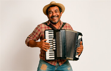 Homem com chapéu de palha tocando sanfona