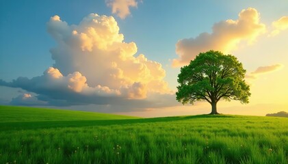 Tranquil rural landscape with tree in green meadows under colorful clouds in gold and blue sky,  sky,  summer