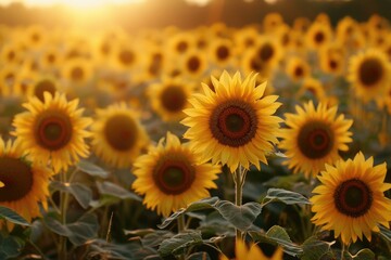 Obraz premium A field of sunflowers bathed in the golden light of sunset, creating a breathtaking and serene summer scene.
