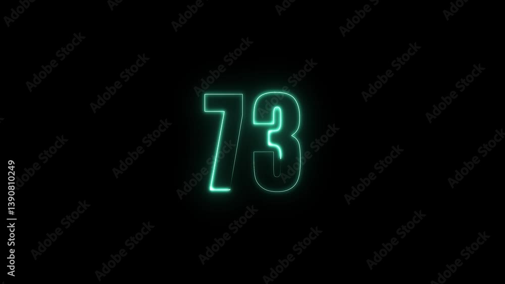 Poster abstract glowing neon text 73 number countdown icon. glowing sign on black background neon number. g
