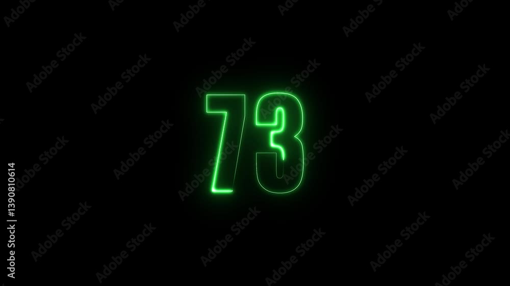 Poster abstract glowing neon text 73 number countdown icon. glowing sign on black background neon number. g