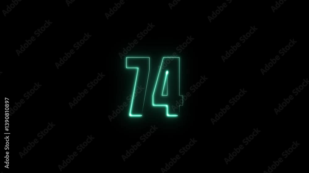 Poster abstract glowing neon text 74 number countdown icon. glowing sign on black background neon number. g