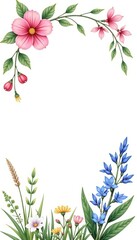 Vector floral design elements featuring pink, blue, and white flowers, green leaves, and grasses on white background,  white background,  flowers