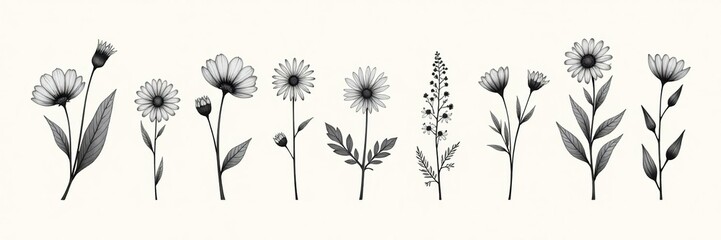 Obraz premium Vector illustration of minimal tattoo flower collection with hand drawn wild flowers in charcoal drawing style, minimal, drawing