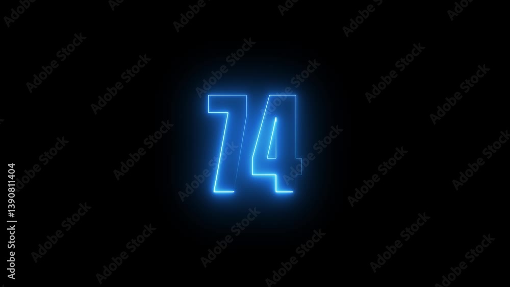Poster abstract glowing neon text 74 number countdown icon. glowing sign on black background neon number. g