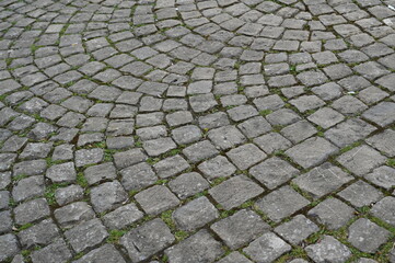 Опис (Description):
Old cobblestone pavement with irregular stone pattern. Historic European street texture with weathered stones and moss between the gaps