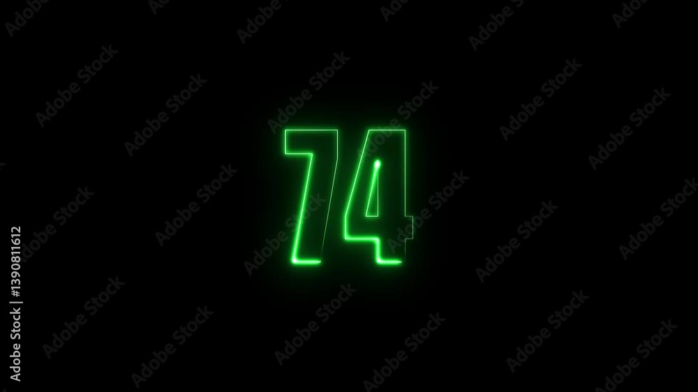 Poster abstract glowing neon text 74 number countdown icon. glowing sign on black background neon number. g