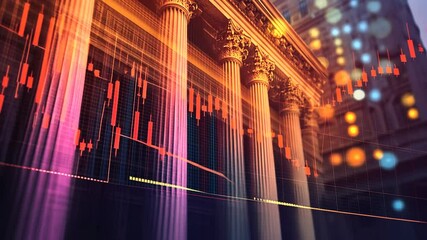 Financial downturn visualization with illuminated building facade and stock market chart overlay - Powered by Adobe
