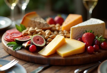 artisanal cheese board seasonal fruits nuts gourmet charcuterie elegant table setting vibrant colors appetizing presentation, platter, appetizer, slice, grapes