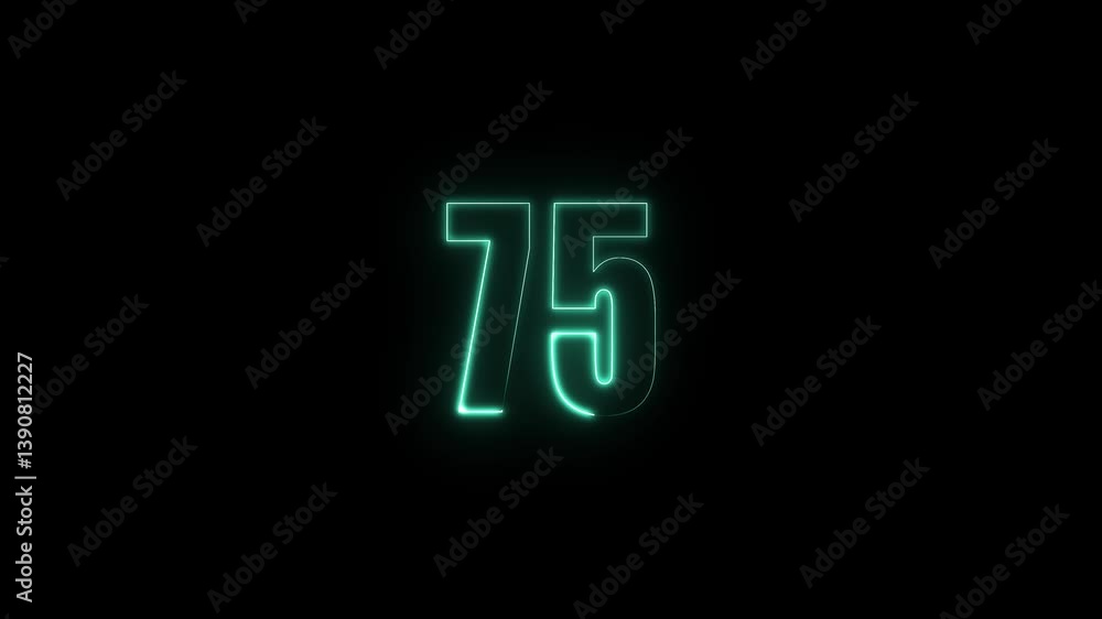 Poster abstract glowing neon text 75 number countdown icon. glowing sign on black background neon number. g