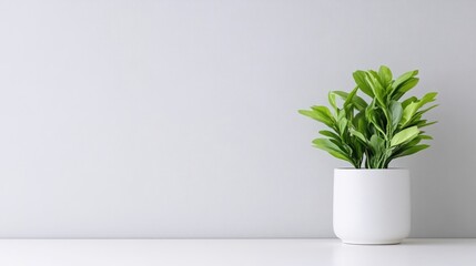 Fototapeta premium A potted green plant sitting on a white shelf against a minimalist light grey wall, and modern interior design with clean lines and simplicity.